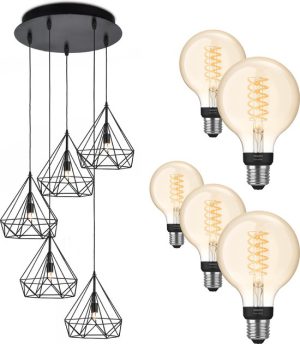 Jotaeme Arty hanglamp rond - LED - zwart - 5 lichtpunten - incl. Philips Hue White Filament Globe klein E27