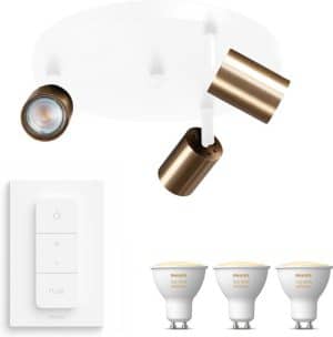 Masterlight Bounce opbouwspot rond - LED - wit messing - 3 lichtpunten - Incl. Philips Hue White Ambiance Gu10 & dimmer
