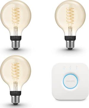 Philips Hue Starterspakket Filament E27 Lichtbron met Bridge - White - Ø 95 mm - 3 x 7W - Bluetooth