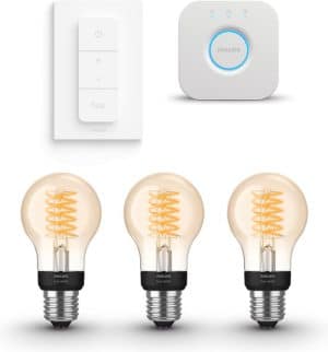 Philips Hue Starterspakket - White - Filament Standaardlamp  - E27 - 3 lampen - 1 bridge - 1 dimmer switch