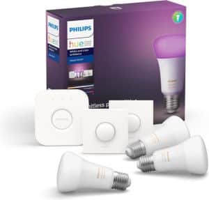 Philips Hue starterspakket E27 Lichtbron met Bridge en 2 x Smart Button - White and Color Ambiance - 3 x 9W - Bluetooth